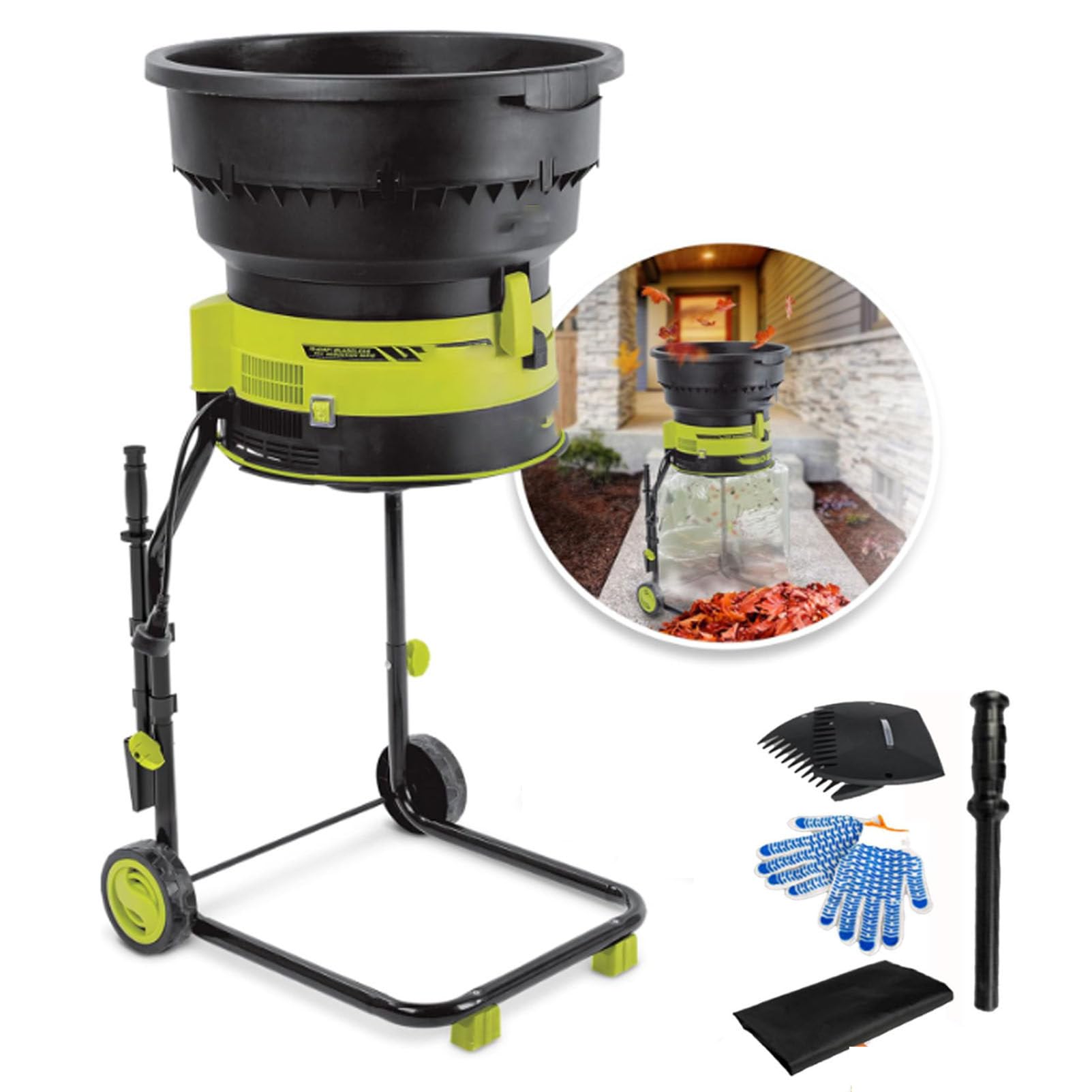 Trituradora de Hojas portátil para jardín, trituradora de Hojas eléctrica con Cable, Ruedas, trituradoras y astilladoras de 8000 RPM con Bolsa recolectora, diámetro del Embudo,10m-Power-Cord