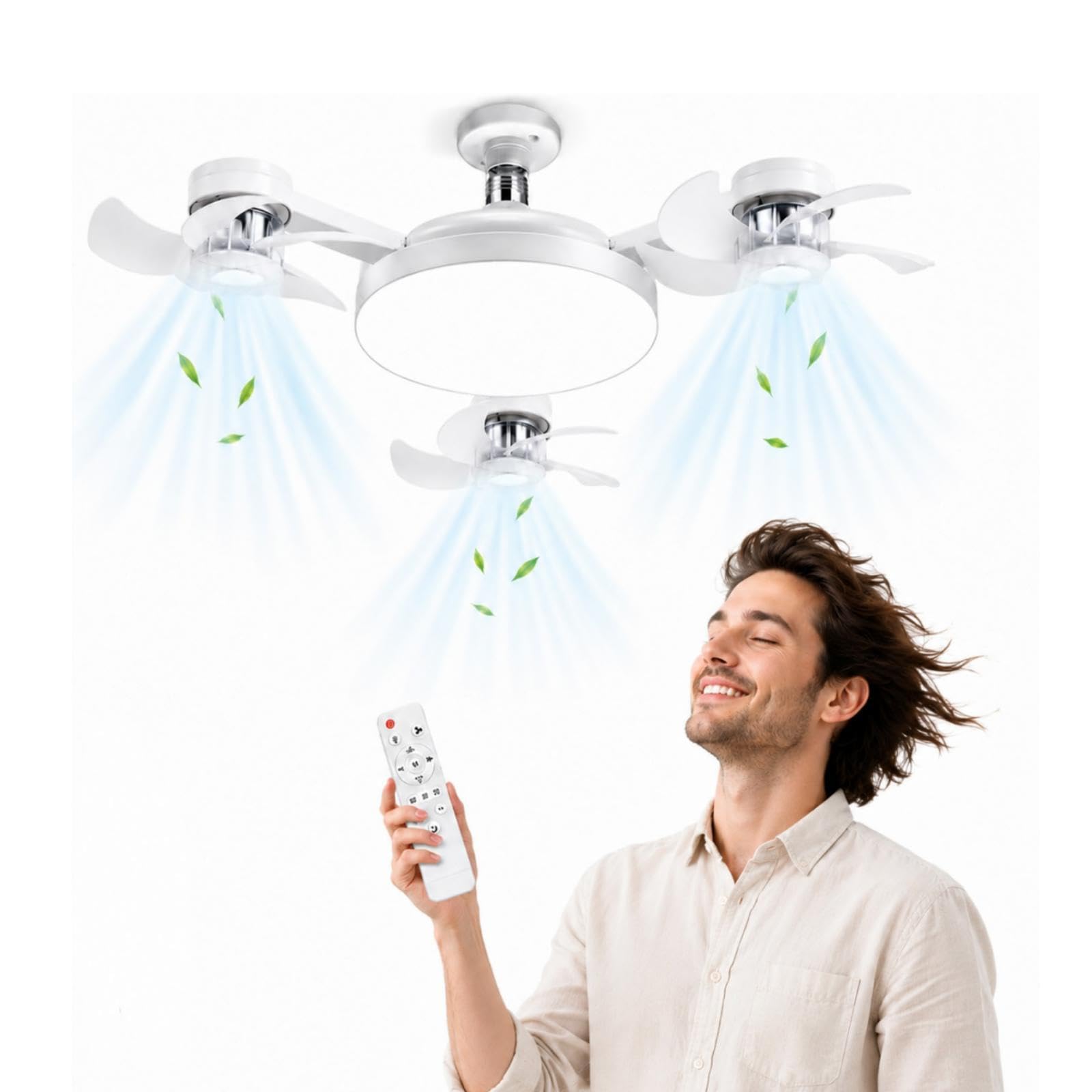5 Head Ceiling Fans with Lights and Remote, Foldable E27 Ceiling Fan, Screw in Ceiling Fan Light with Remote Control, 3 Speeds, 3 Colour,for Bedroom Kitchen5 Heads