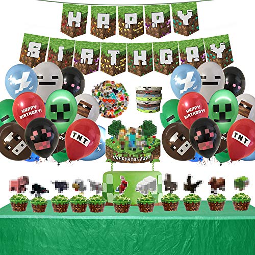 Pixel Game Theme Decoration for Miner Crafting Birthday Party Supplies -25PCS Cake Topper Cupcake Toppers, 1 Banner,1 Tablecloth, 18 Balloons, 8 Bracelet,49 Stickers