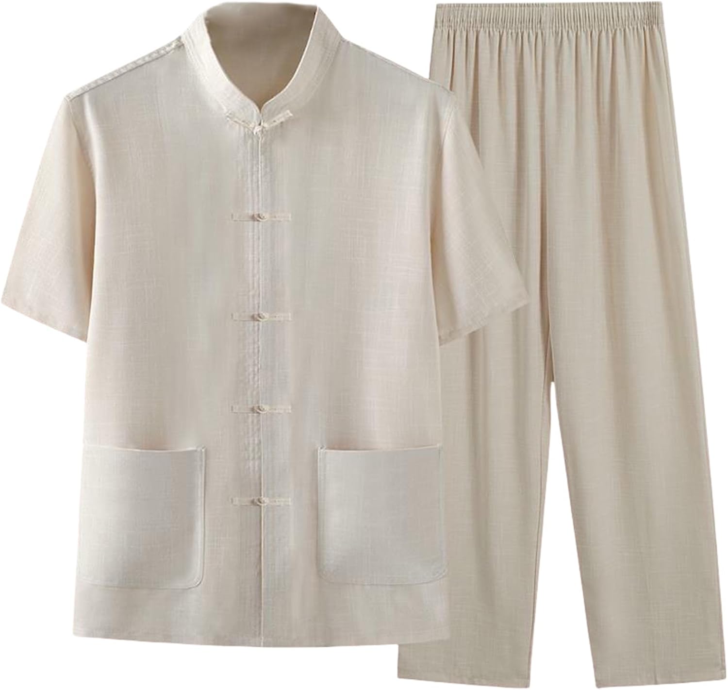 Men's Summer Tang Suit Chinese Style Cotton Linen Short Sleeve Shirt Hanfu Set
