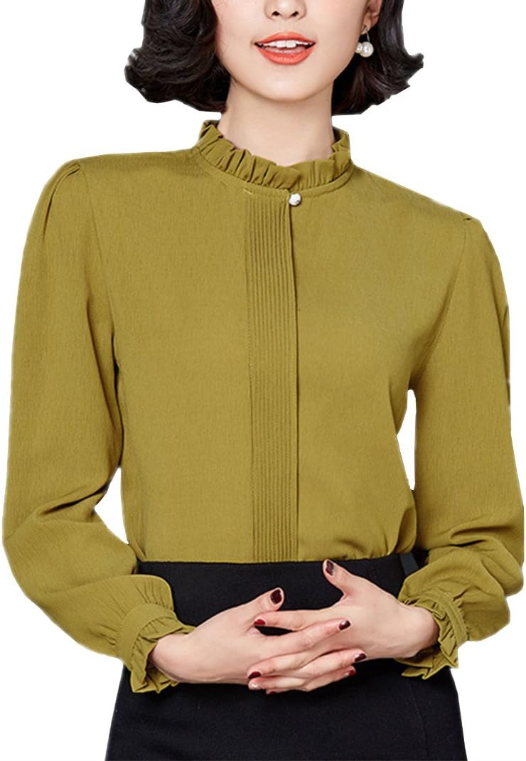 NIXI Women Blouse Stand Collar Long Sleeve Spring Chiffon Shirt Tops Work Formal