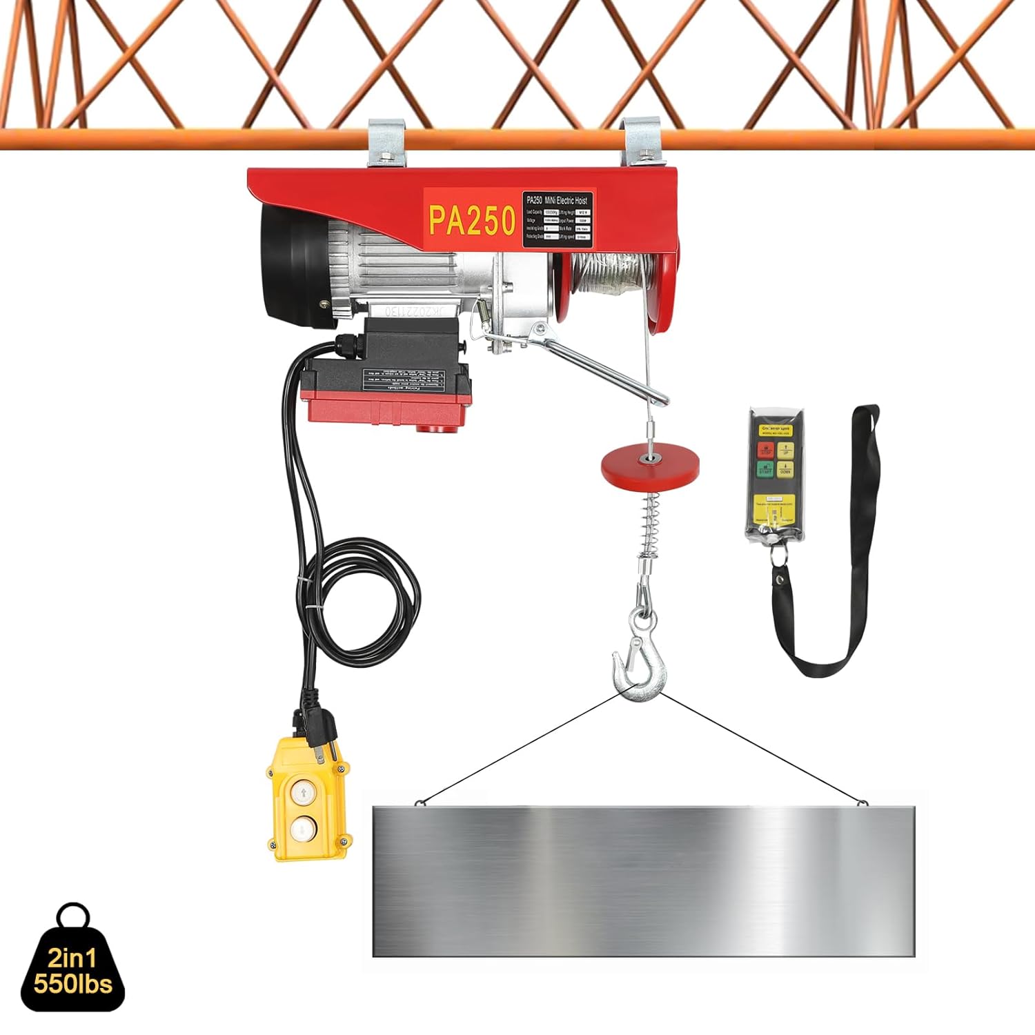 550 lbs Lift Electric Hoist with 39.4 ft Zinc-Plated Steel Wire, 110V Electric Winch, 550W Pure Copper Motor, and Wireless Remote Control for Garage, Factory, Warehouse, and Construction (550 LBS)