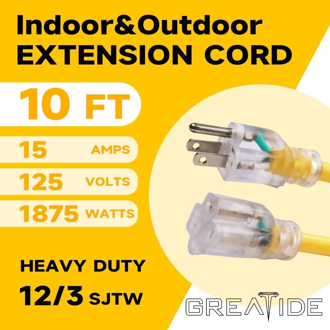 10 Ft Lighted Outdoor Extension Cord - 12/3 SJTW Heavy Duty Extension Cable with 3 Prong Grounded Plug - 15 Amp Power Cord for Lawn, Garden, Appliances