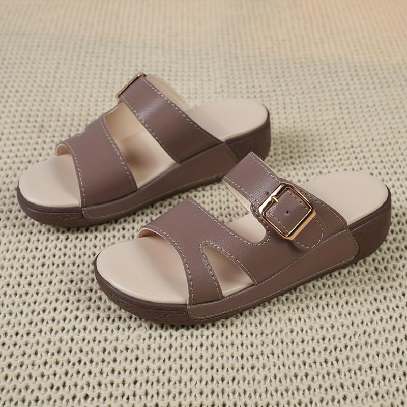 Women's Summer Slip On Sandals with Thick Cushioned Sole - Soft PU Cover Upper & Non-Slip Durable Outsole, Open-Toe Mid-Heel Comfort for Home, Office, Trave2
