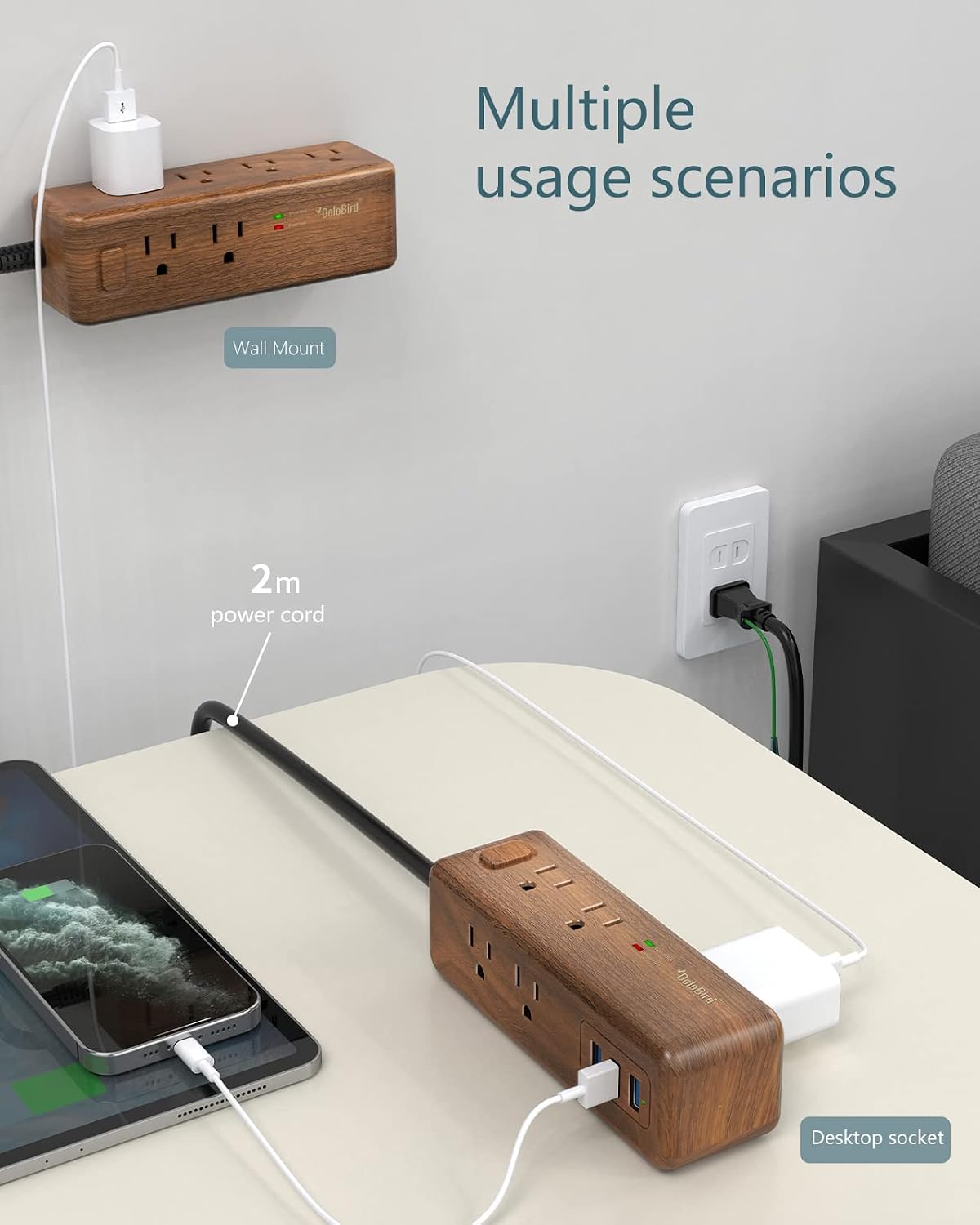 Power Strip Surge Protector 8 Outlet with 2 USB-A+1USB-C Ports Charging Station Long Extention Cord Right Angle Flat Plugs Circuit Breaker for Home Office Dorm Room (Dark Wood)