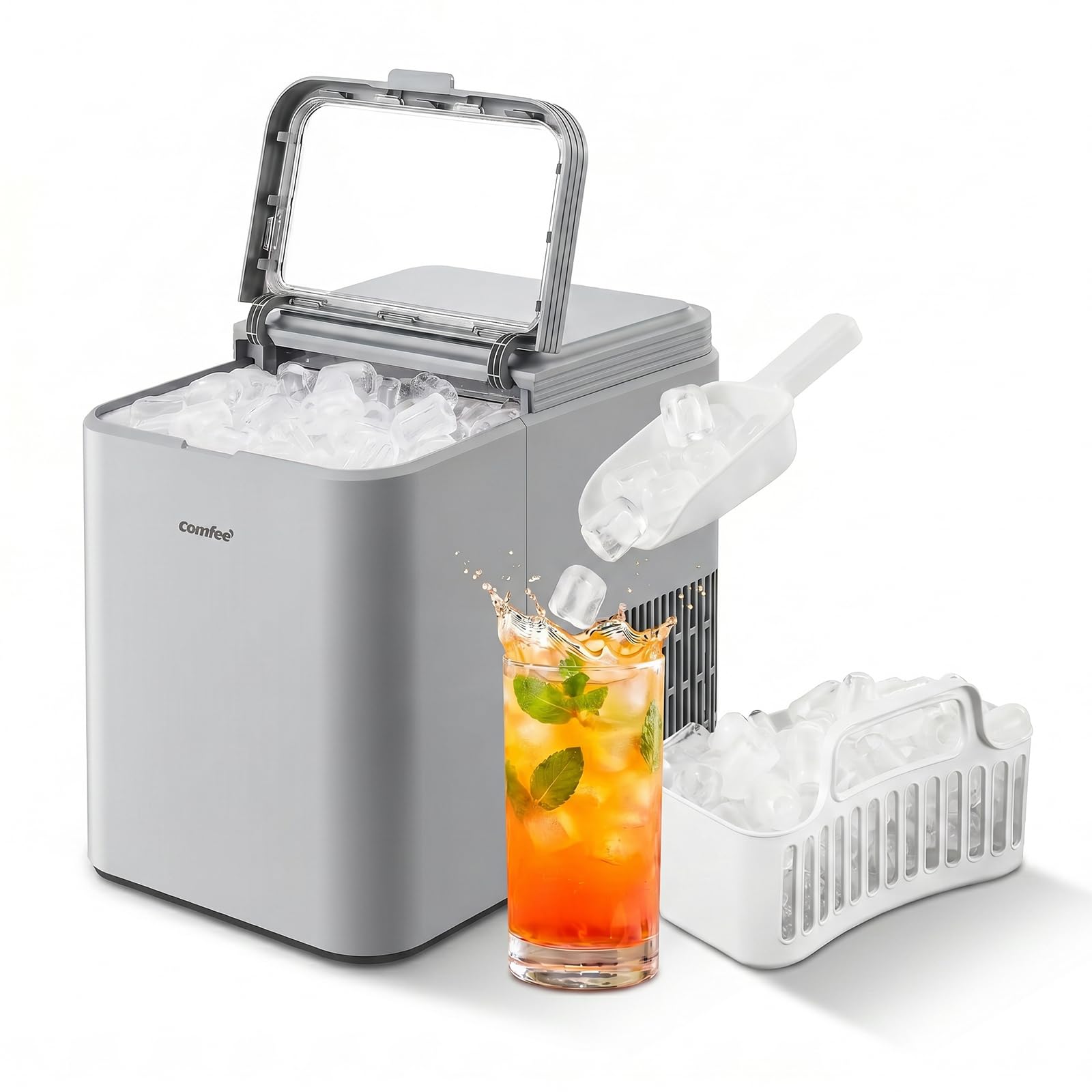 Comfee' RCI12GY1EU(E) Eiswürfelmaschine, 8 Eiswürfel in 6 Min.,12 kg/24 Std.,1,3L Wassertank, Selbstreinigungsfunktion, Kompakter Bullet Ice Maker, inkl.Eisschaufel & Korb für Zuhause-Grau