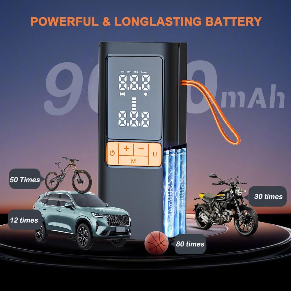 Tire Inflator Portable 150PSI Air Compressor 9000mAh Air Pump for Car Tires Digital Pressure Gauge Emergency Light Auto-Shutoff，Quick Inflation for Automible Bike Motor Balls