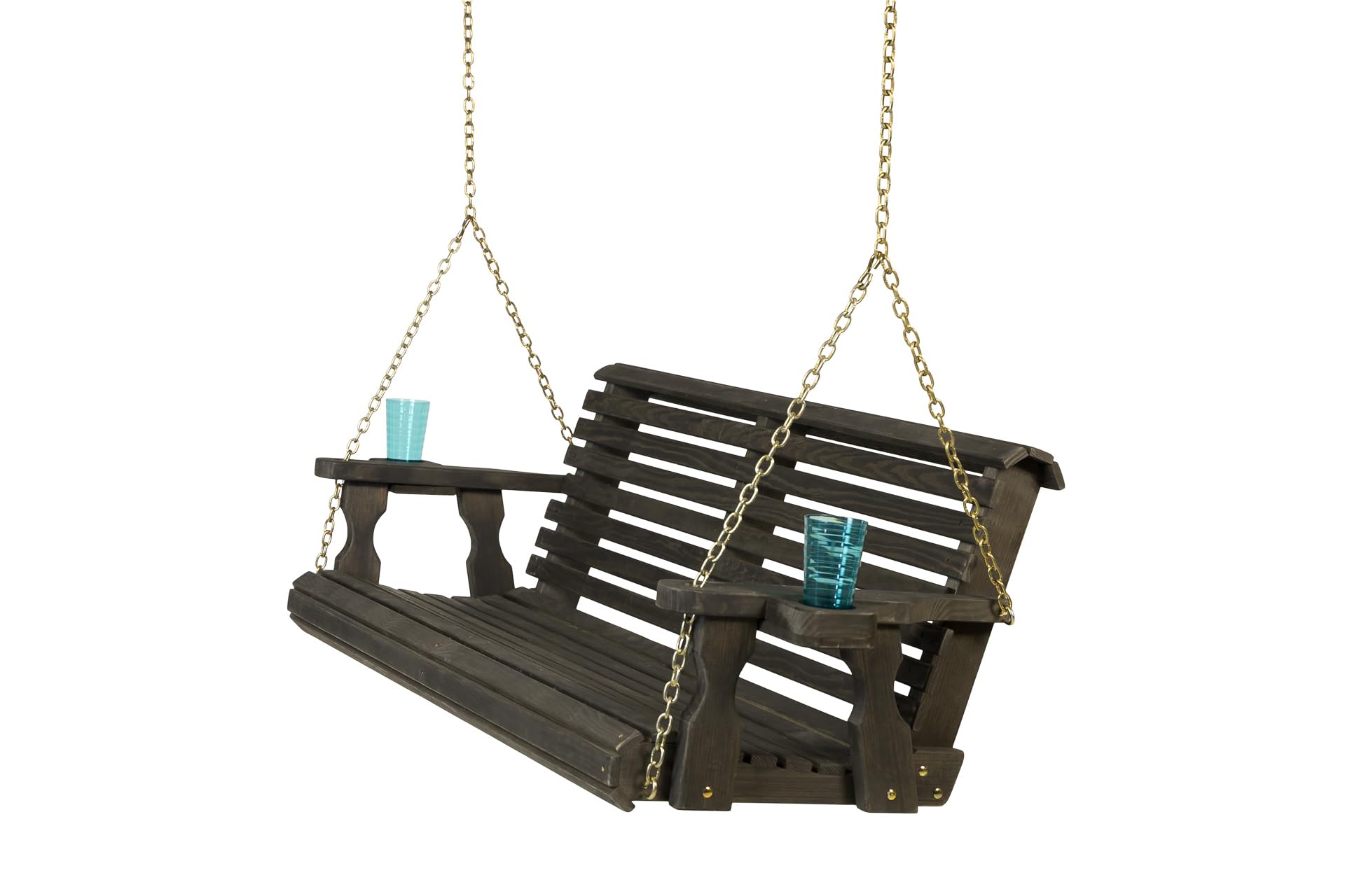 Amish Casual Heavy Duty 700 Lb Capacity Porch Swing with Cup Holders (5 Foot, Semi-Solid Black Stain) – Wooden Outdoor Roll Back Swing with Hanging Chains – Amish Made in the USA