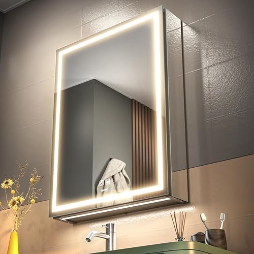 Gabinete de espejo de medicina para baño con luz LED con enchufes y USBs, luz regulable antivaho y ajuste de color, gabinete de aluminio fácil de