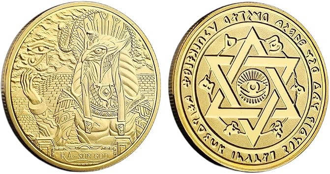 Ancient Egyptian Ra Sun God Challenge Coin with Star of David - Unique Egyptian Mythology Memorabilia Gold Coin