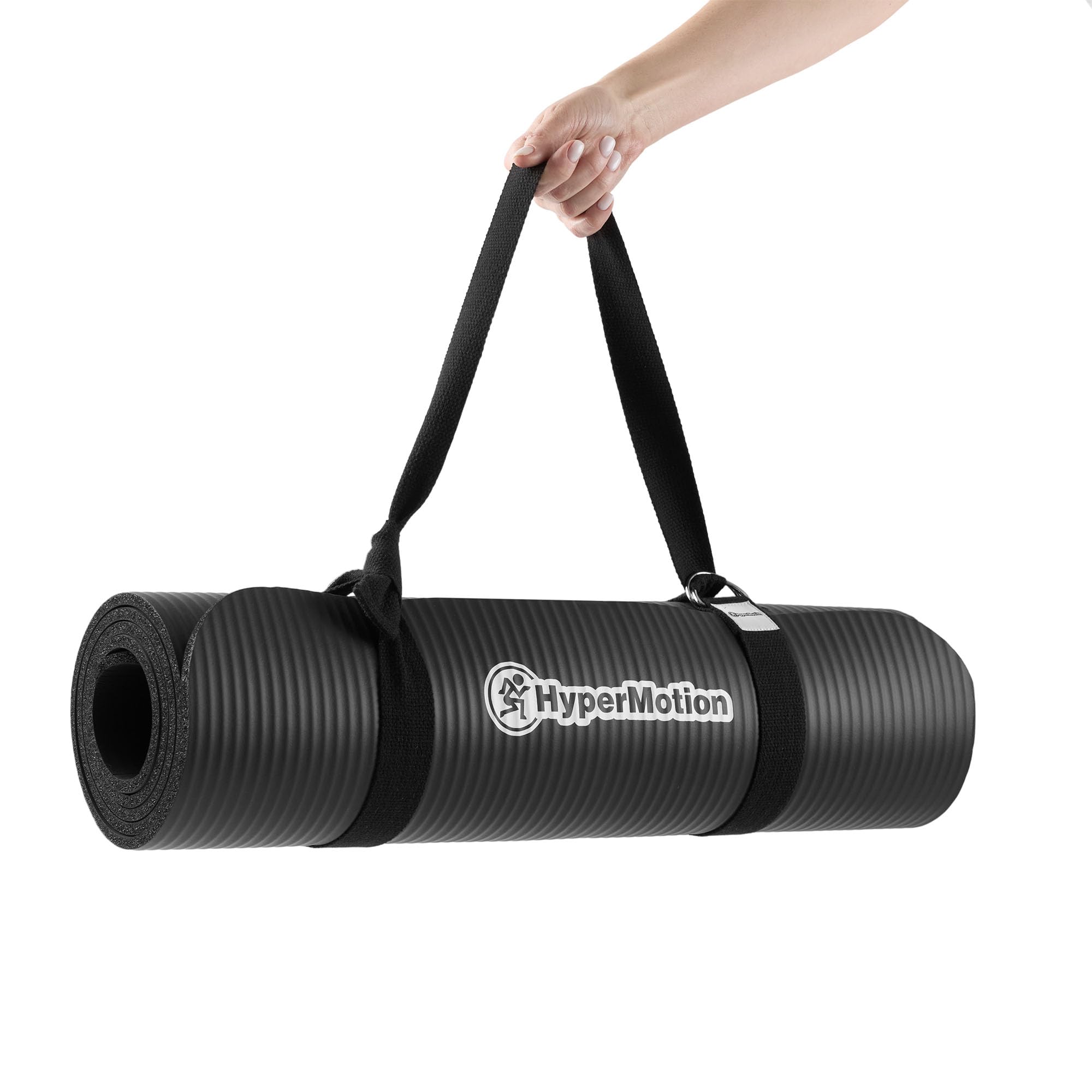 HyperMotion Mata do Ćwiczeń Fitness i Jogi NBR 183x61x0,8 cm Czarna, Antypoślizgowa, 8 mm, z Paskiem do Ćwiczeń i Przenoszenia, do Jogi, Pilatesu i Stretchingu