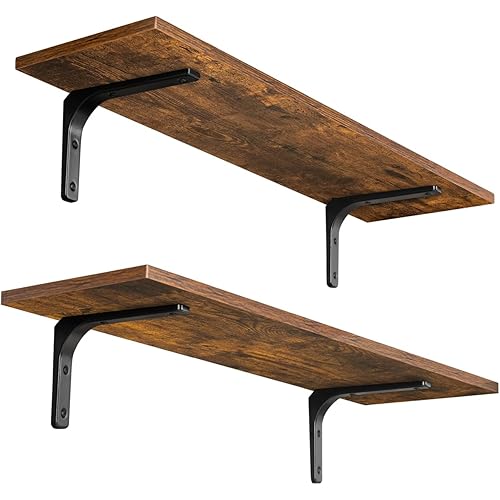 DINZI LVJ Long Wall Shelves, 23.6 Inch Wall Mounted Shelves Set of 2, Easy-to-Install, Wall Storage Ledges with Sturdy Metal Brackets for Living Room, Bathroom, Bedroom, Kitchen, Rustic Brown