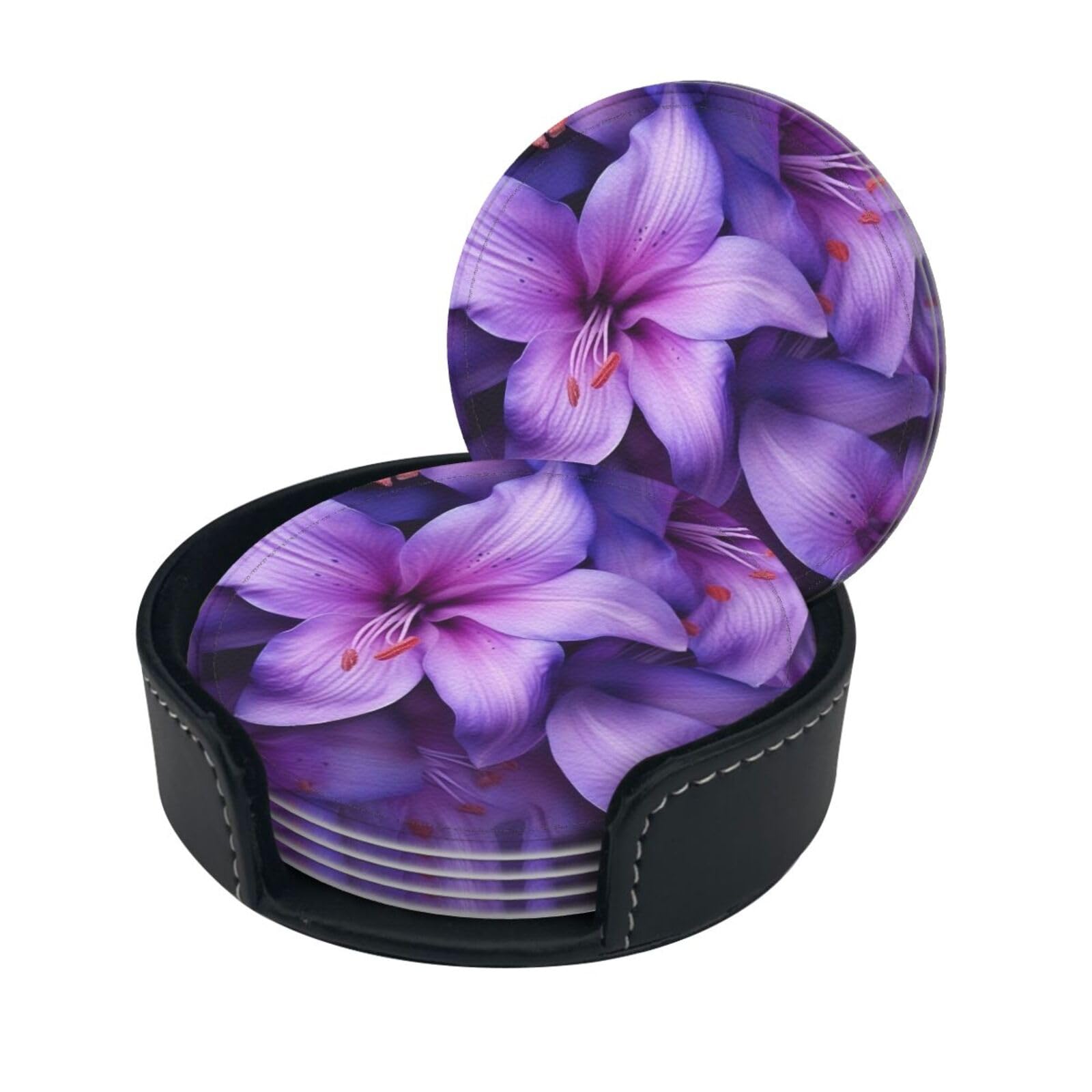 Stylish Coasters - Purple Lily Flowers Set of 6 Round Leather Drink Coasters with Holder - Perfect Size for Cups and Glasses