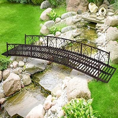 ide·o 8FT Metal Garden Bridge - Metal Iron Arc Walkway with 770 lbs Weight Capacity, 2 Safety Siderails, Vine Motifs, Easy Assembly for Backyard Fish Pond, Stream, Creek, Bronze (96”*28”*17”)