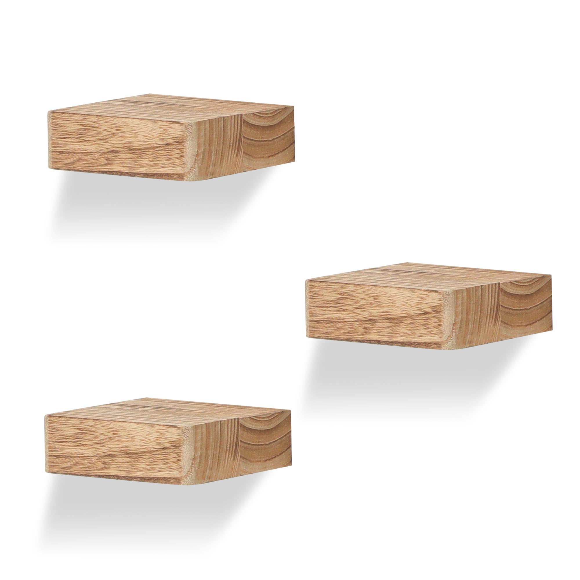 PHOENANCEE Solid Wood, Small Floating Shelves, Rustic Look, Mini Display Hanging Shelf, Wall-Mounted Wood Square Shelf for Bedroom, Set of 3, Carbonized Black (3, 15.3 * 15.3 * 4.5cm)