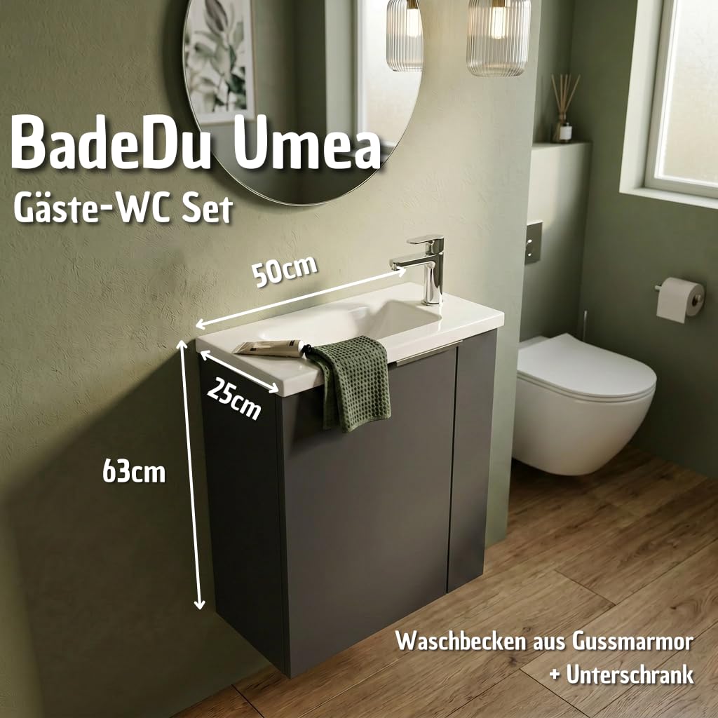 BadeDu UMEA Gäste WC Waschtisch Set 50 cm Anthrazit matt – Waschbeckenunterschrank mit Gussmarmor Waschbecken Weiß – platzsparender Waschtisch für kleines Bad & Gäste WC