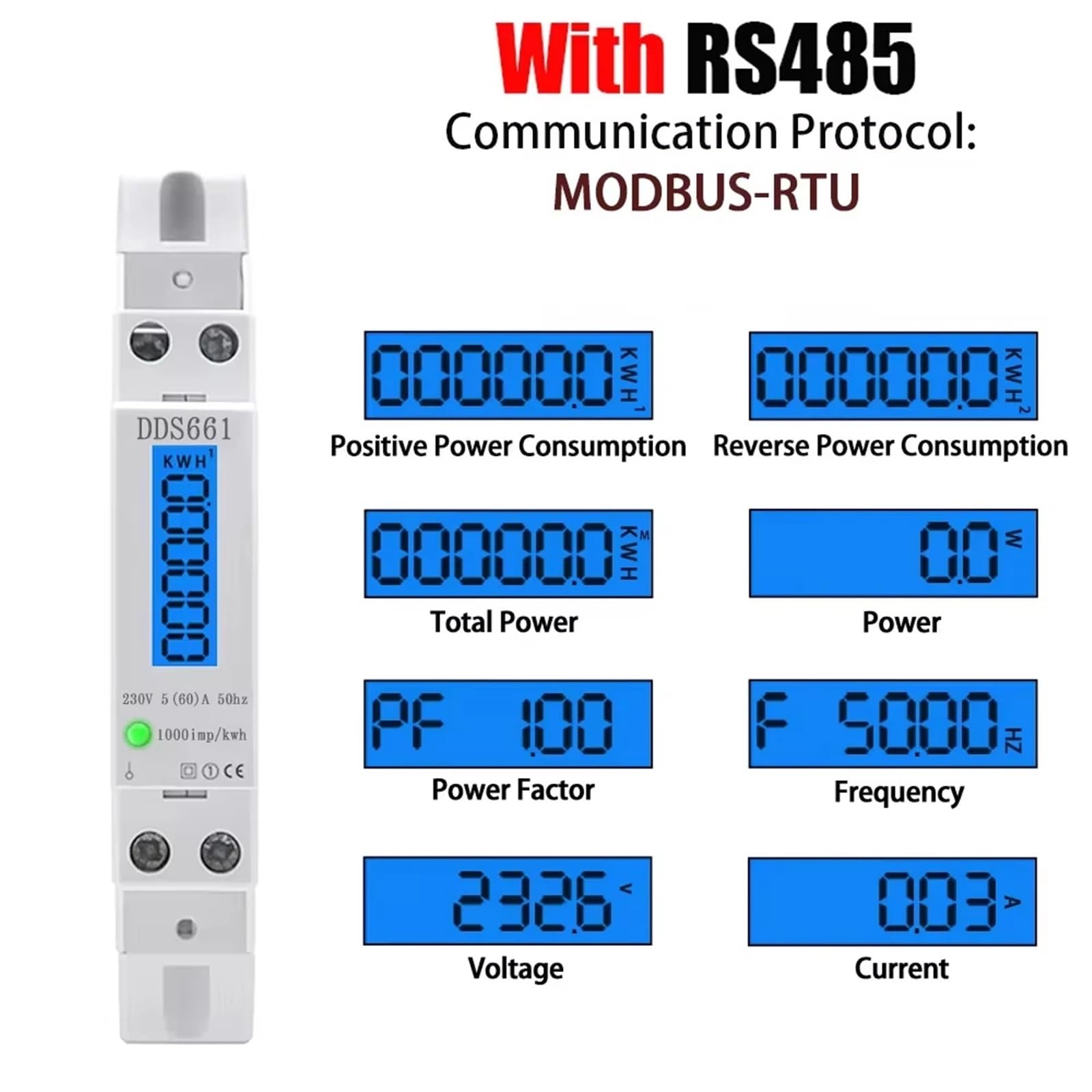 Single Phase Backlight Wattmeter Power LCD Digital Display Consumption Meter KWh 60A 110V 230VAC 50Hz Watt Din Rail Energy Meter(DDS661-RS485,AC110V 60Hz)