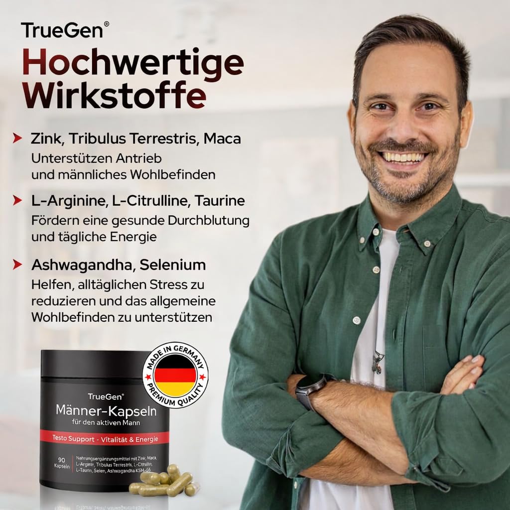 Männer 90 Kapseln mit Selen, Schwarzem Maca-Extrakt, Tribulus, KSM-66® Ashwagandha, L-Citrullin, L-Arginin, Vitamin D, Magnesium & Zink – für normales Testosteron, Energie & Muskelfunktion