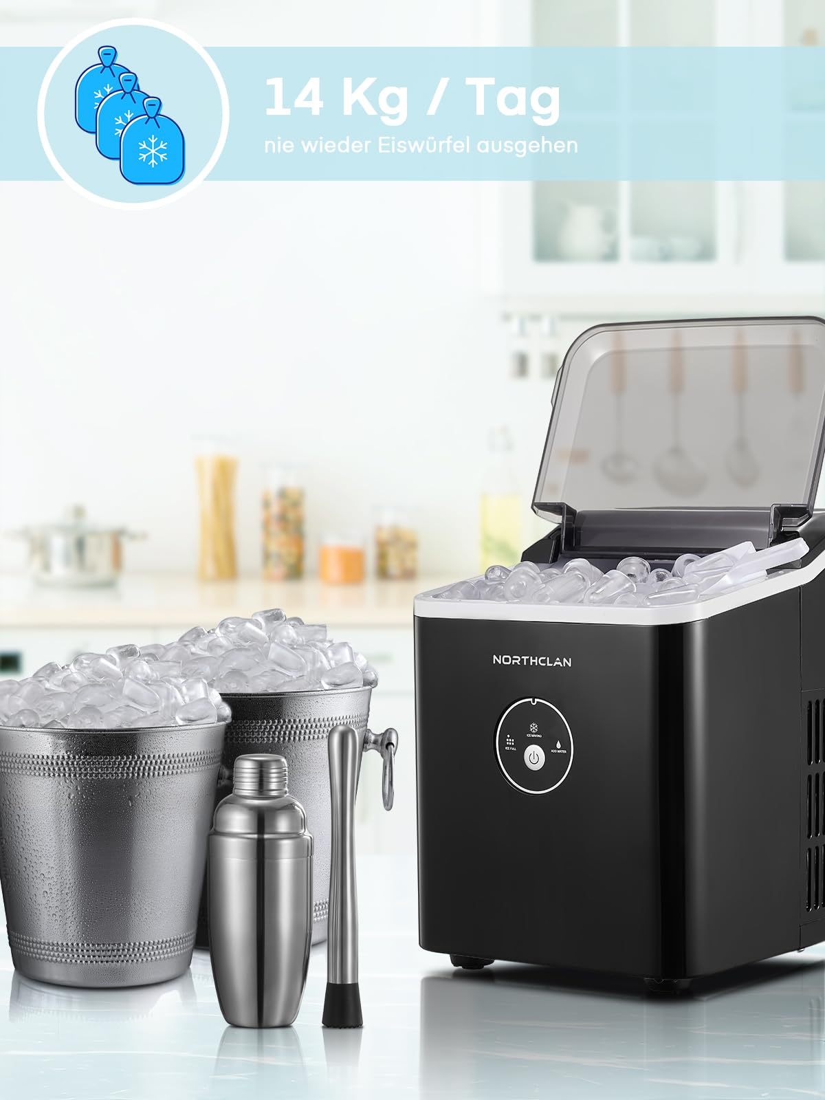 Eiswürfelmaschine 120W 14 kg 24 Stunden 9 Eiswürfel 6-8 Minuten Geräuscharmer Betrieb Ice Maker Dunkelgrau