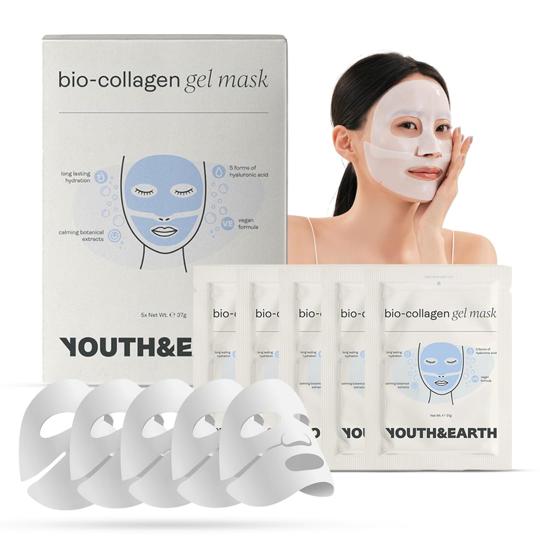 Youth and Earth Bio-Collageno Maschera Viso all'Acido Ialuronico - Confezione da 5 - Maschere Viso Anti-Età per Donna - Maschera Viso Idratante - Trattamento Viso