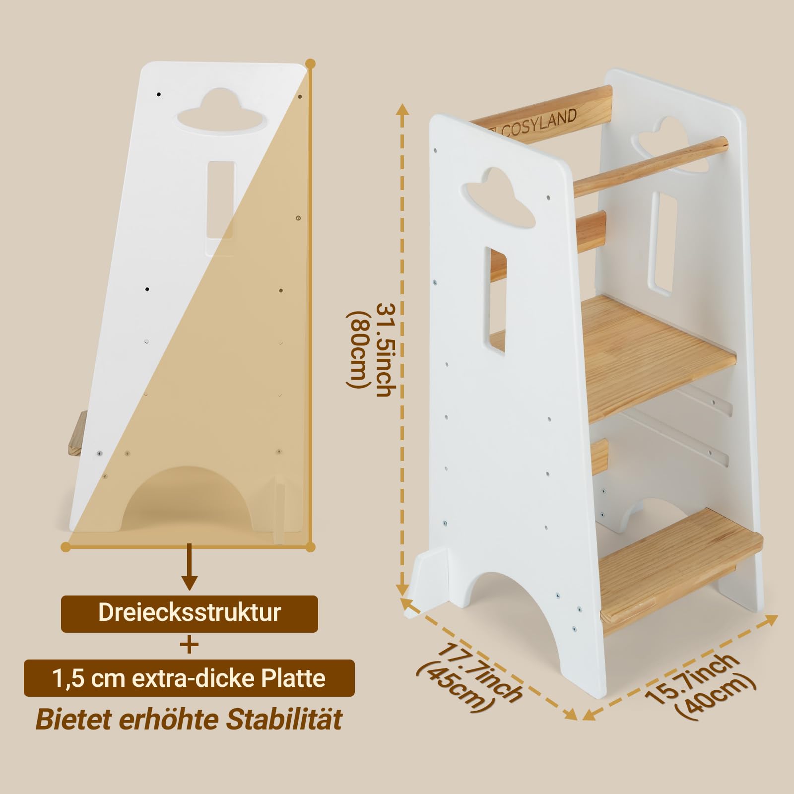 COSYLAND Lernturm ab 1 Jahr - Höhenverstellbarer Learning Tower für Kinder (3-stufig) - Montessori mit Kippschutz & Massivholz (Weiß und Holz)