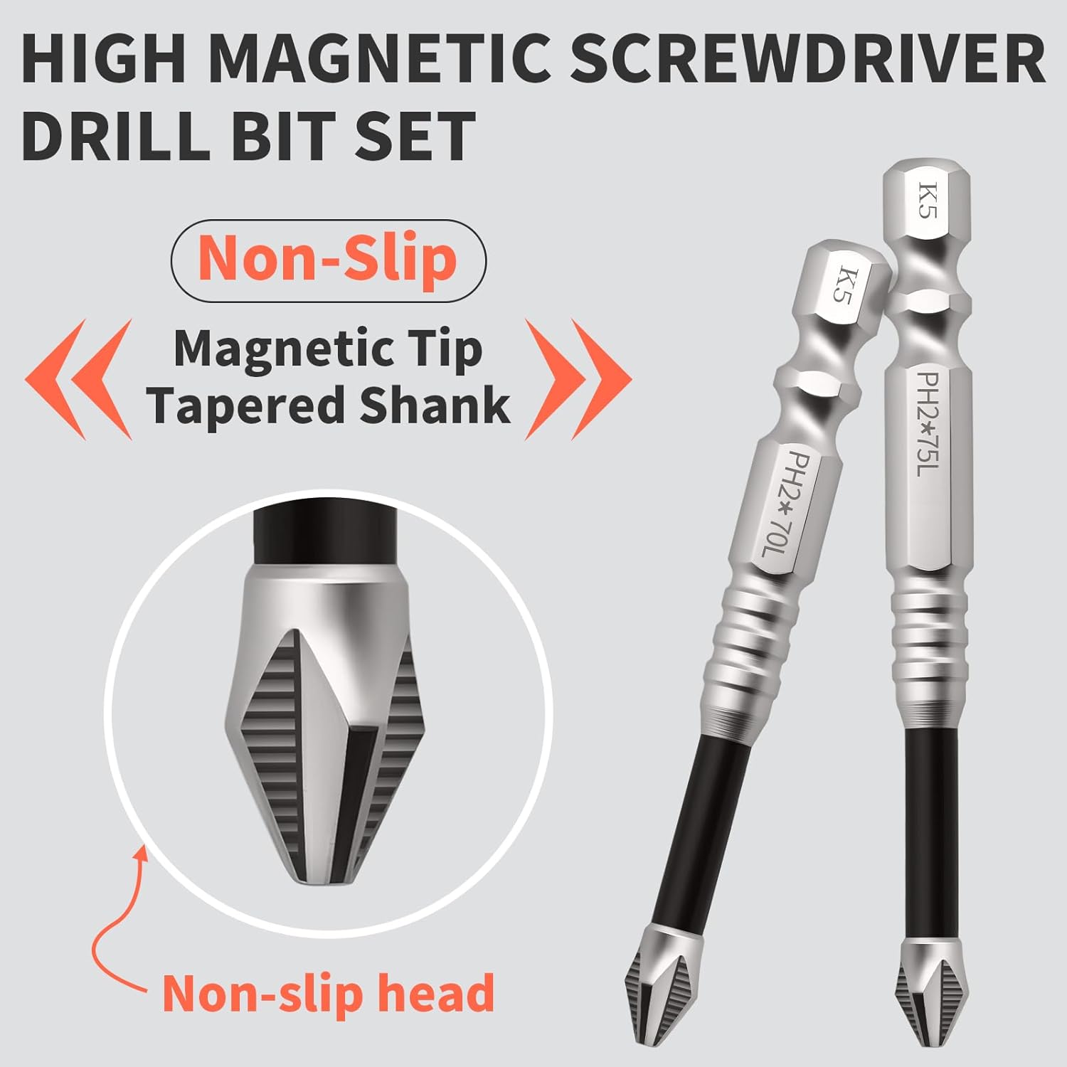 K5 Impact Resistant 9-Piece Magnetic Drill Bit Set - High-magnetic screwdriver drill bit set | Anti-Slip Design & Cr-V Steel | Includes Storage Case