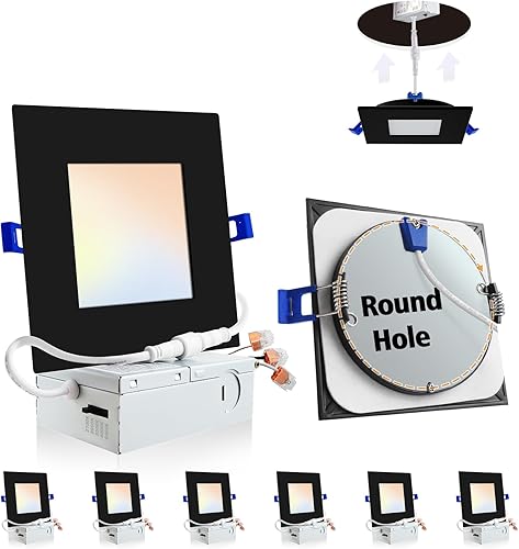 Adetu paquete de 6 unidades de iluminación LED empotrable cuadrada de 6 pulgadas en negro, luz de techo LED cuadrada ultradelgada de 5 CCT con caja