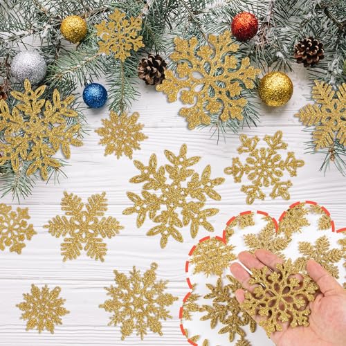 Image of 49pcs Christmas Party Decorations Snowflake Ornaments - Gold Glitter Snowflakes DIY Hanging Ornaments for Winter Christmas Tree Wall Ceiling Window Decor