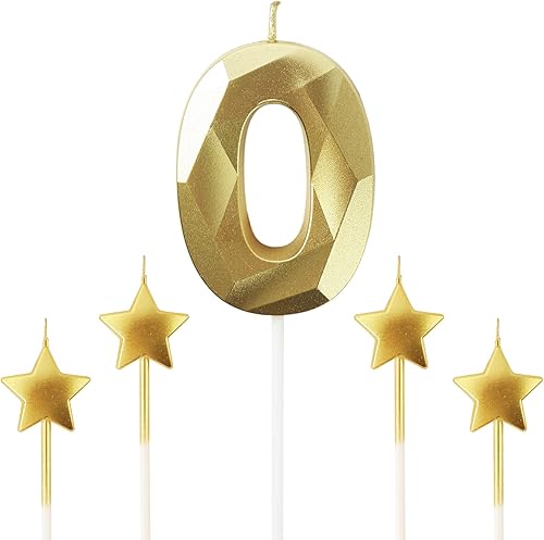 Velas doradas de cumpleaños del número 0 y velas de cumpleaños de estrella de 2.76 pulgadas, velas con forma de diamante 3D adecuadas para fiestas