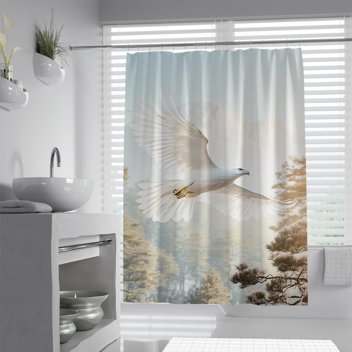 UIRINGART White Falcon Shower Stall Liners W150xL200cm Quick Dry Anti Mould Flying Bird Misty Mountain Forest Landscape Fabric Bath Curtains Rustproof Grommets Tub Screen