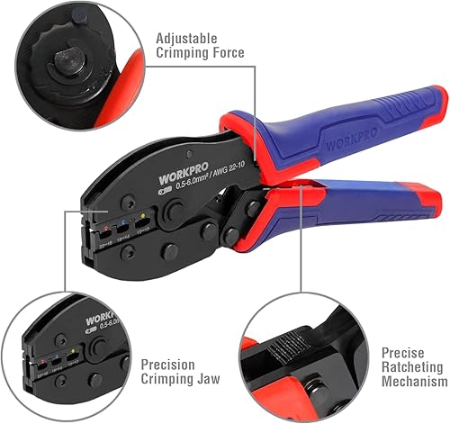 Miniatura 4 de WORKPRO Kit de herramientas de prensado de cables, crimpadora de terminales aislados de trinquete para cable de 22 a 10 AWG, alicates de crimpado
