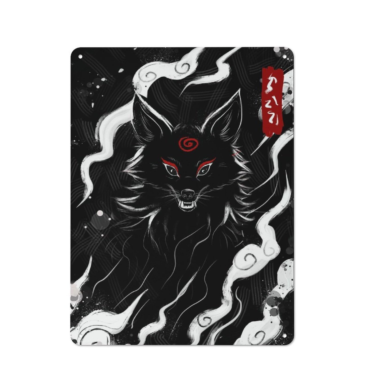 Junmoney Style-16 Metal Wall Sign 40X30cm Featuring Black Wolf With Red Markings Illustration For Pub Or Café, Housewarming Wall Decor For People Furnishing Pub And Café
