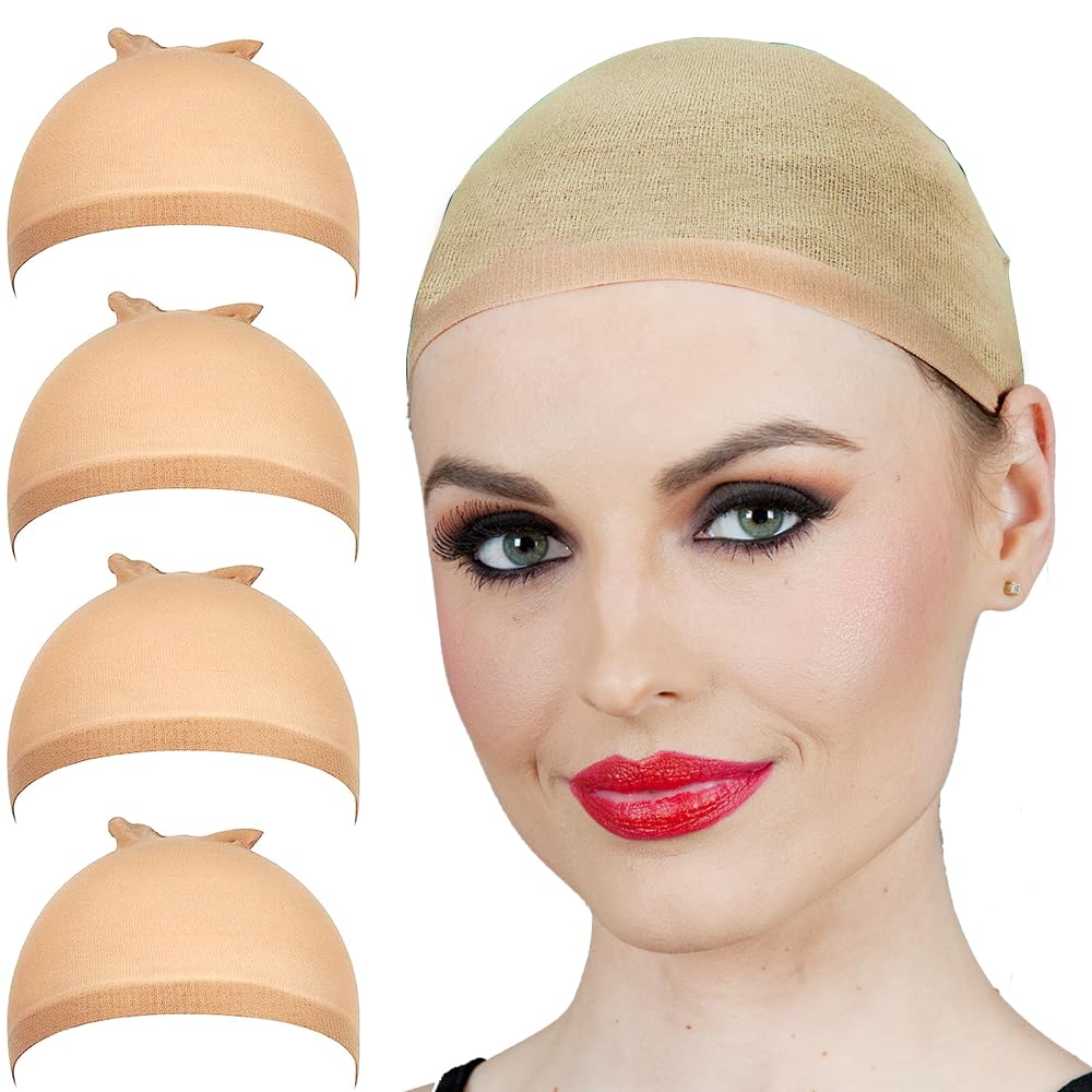 ALLAURA 4pc Nude Wig Caps – Stretchy Nylon Stocking Caps for Women & Men – Compatible with Halloween Wigs, Weaves, Cosplay, Daily Use, Bald Cap Look, Wig Liner for Secure Fit