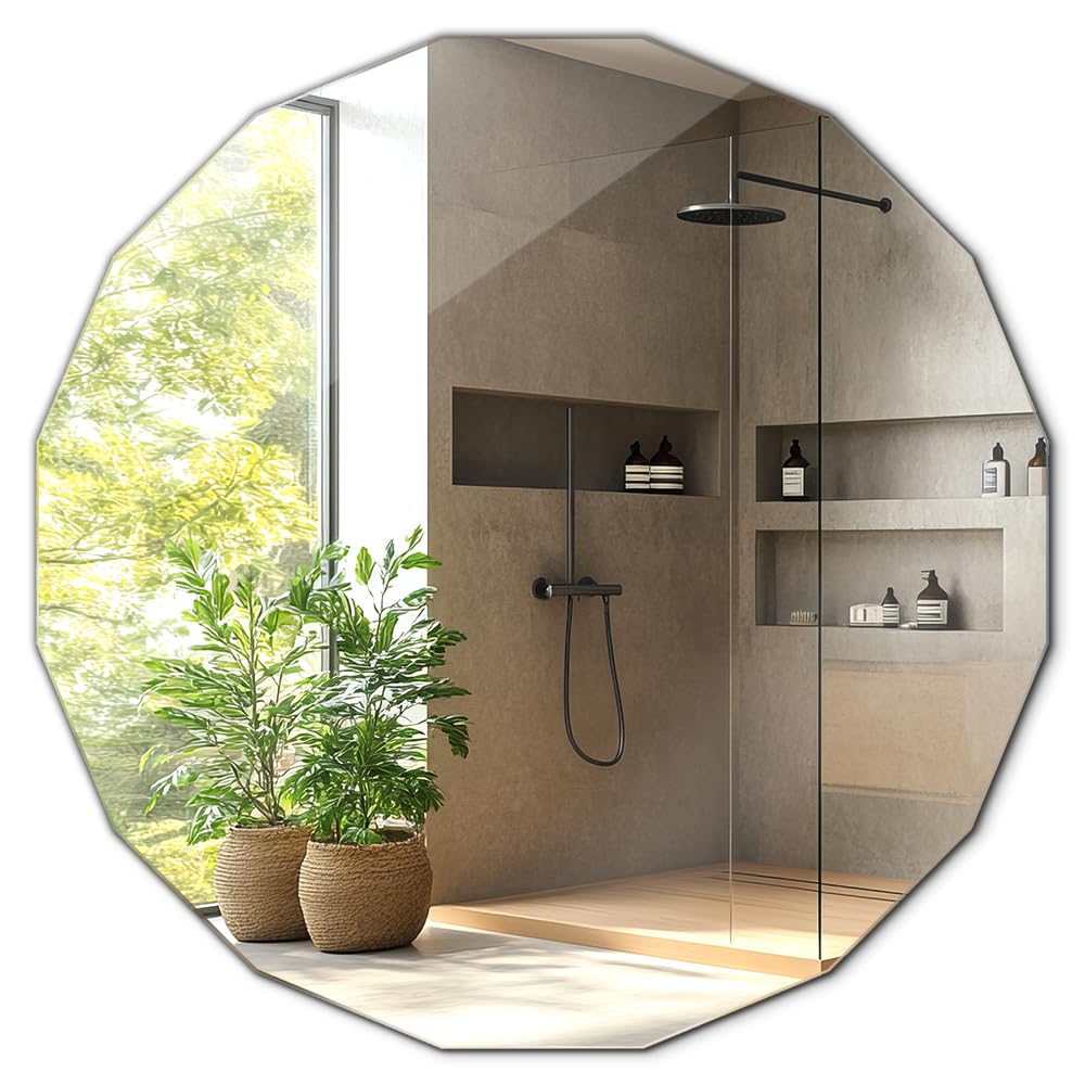Specchio 80x80 per Bagno, Corridoio Camera da Letto, Soggiorno Poligonale Montaggio a parete Bordi bisellati Design Unico Senza Cornice Moderno Decorativo Versatile per Casa Ufficio