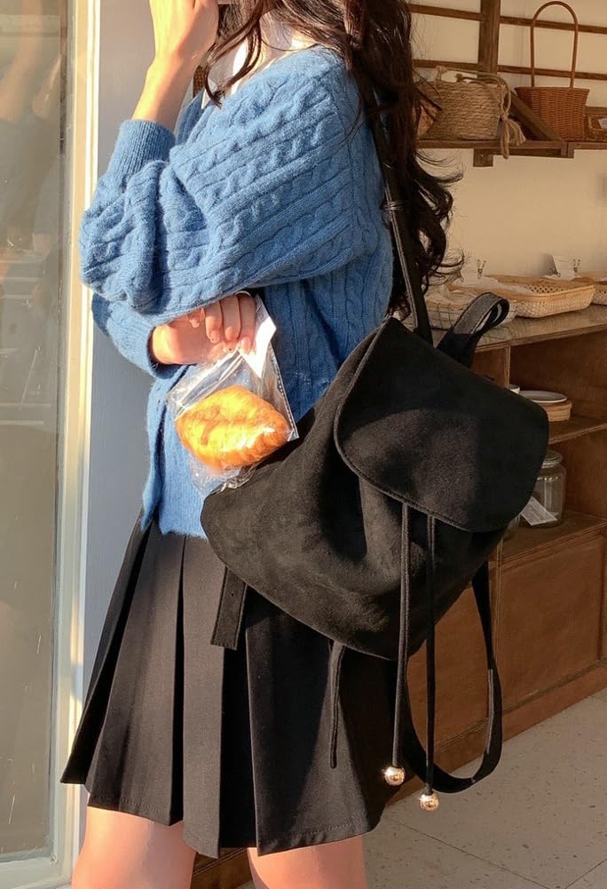 Obosoyo Suede Backpack Women Fall Frosted Shoulder Crossbody Bag Flap Top Mini Rucksack Purse Travel Daypacks