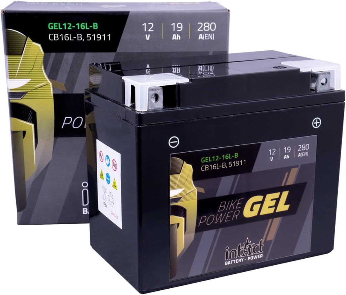 intAct - BATTERIE MOTOCYCLE GEL | Batterie offrant +30% de puissance de démarrage Pour moto, quad, etc. | GEL12-16L-B, CB16L-B, 51911, batterie 12V, 19 AH (c20), 280 A (EN) | Dim : 176x101x156mm