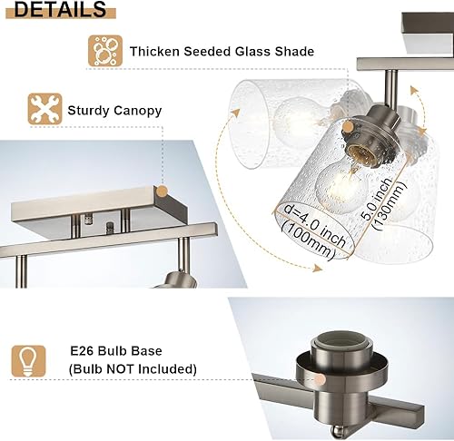 Miniatura 6 de 2-Luz de Pared con Foco y Sombra de Vidrio Sembrado, Iluminación Moderna de Techo en Níquel Cepillado para Pasillo y Baño