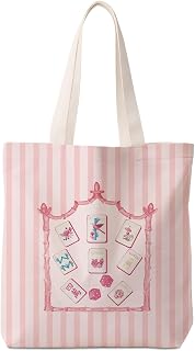 Pink Chinoiserie Mahjong Tile Tote Bag,Mahjong Lover Player Gifts | Reusable Grocery Shopping Bag,Pink Stripe Chinoiserie Mah Jong Capacity Totes Shoulder Bag for Beach Travel Daily Use