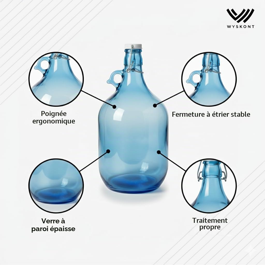 Bouteille en verre ronde en forme de ballon - Bleu/bleu mer - Bouteille en verre de 5 litres avec poignée et bouchon à étrier - 1 pièce (bleu mer 5 l, 1 pièce)