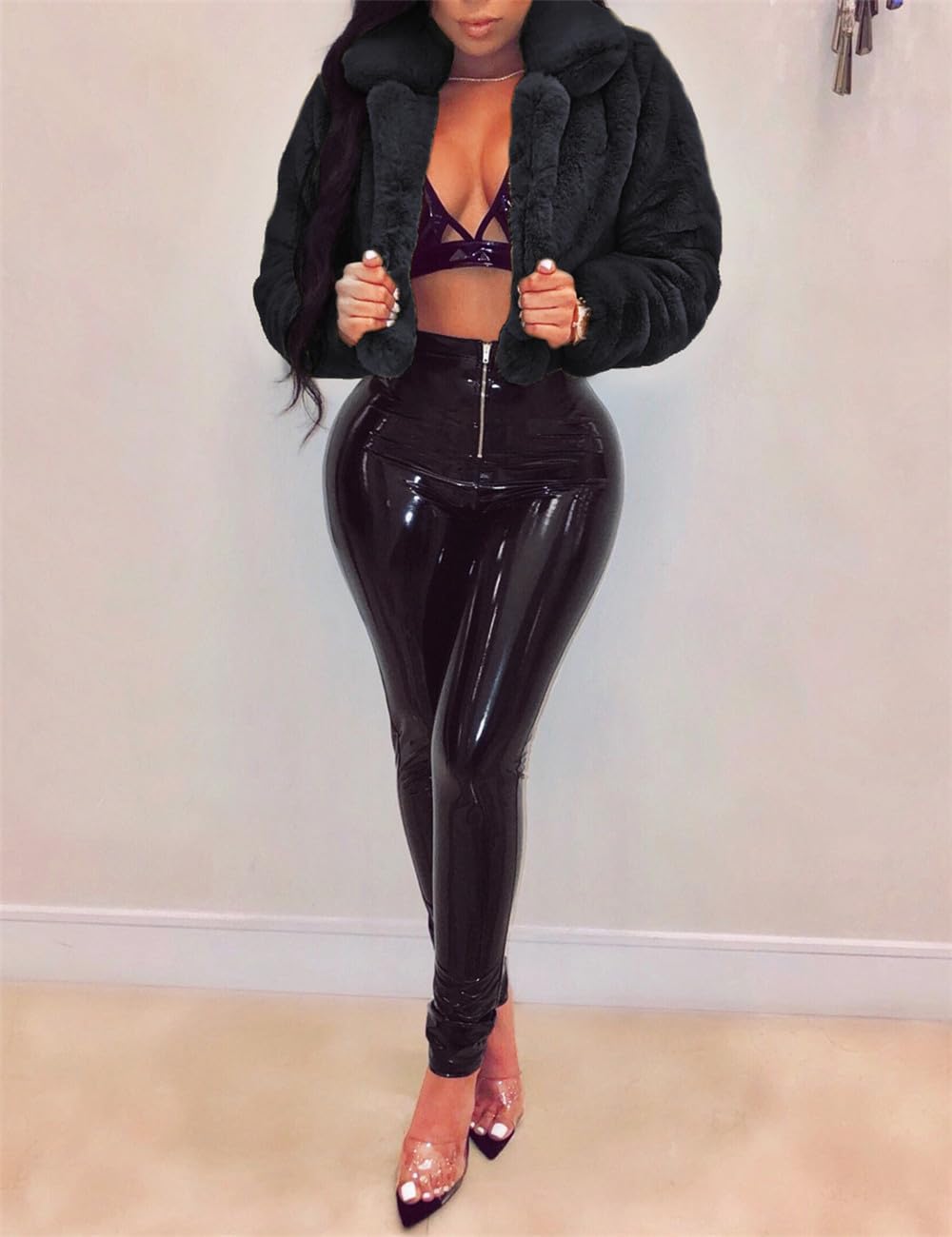 Womens Lapel Collar Open Front Fluffy Faux Fur Cropped Coats Jackets - Image 2