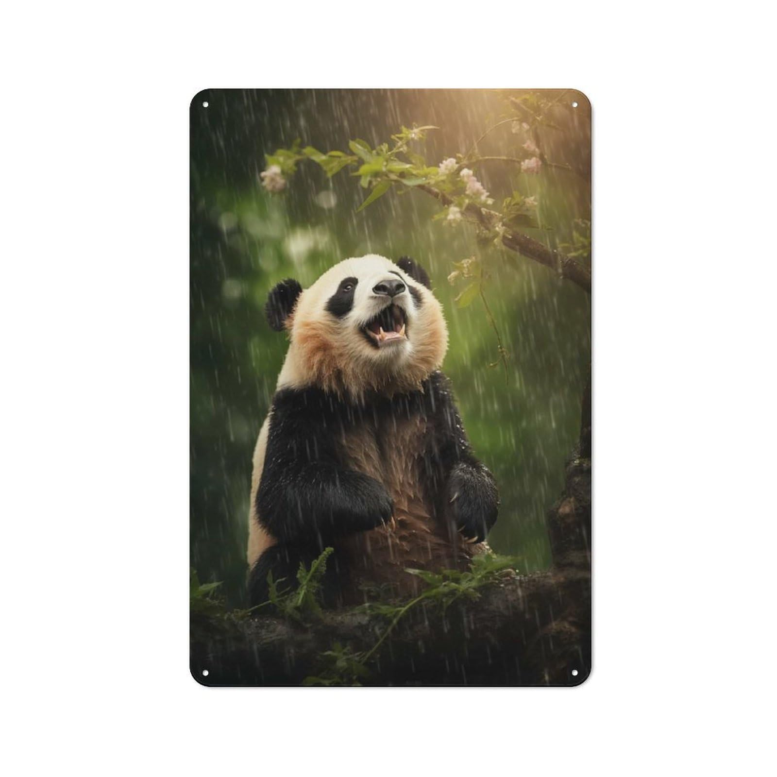 Junmoney Style-19 Metal Wall Plaque With Panda In Rain Design 30X20cm, Simple Retro Studio Wall Plaque For Hobby Room, Office, Lounge Or Living Room