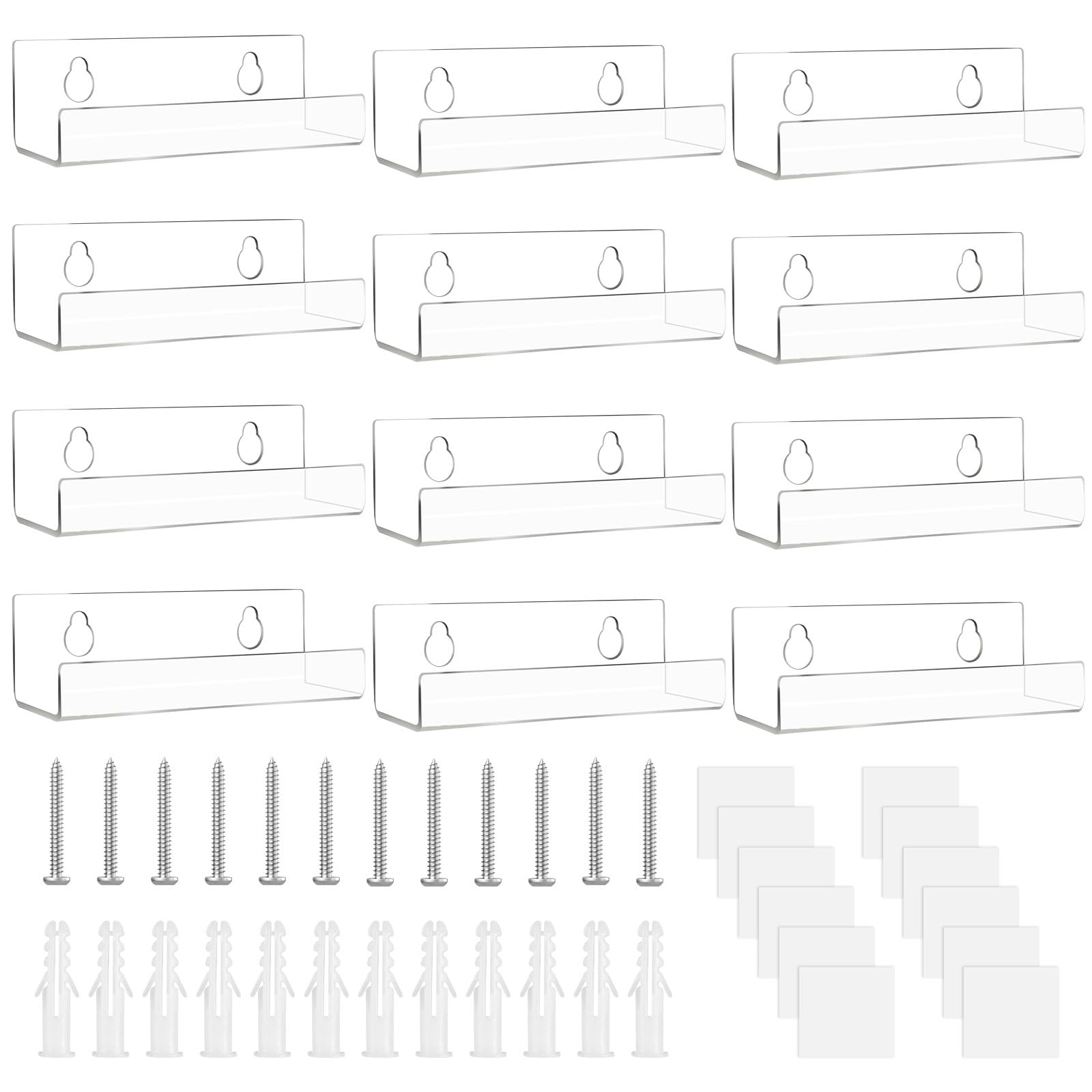 12Pcs Clear Acrylic Vinyl Record Wall Mount Shelves, Floating Album Record Storage Invisible Album Holder CD/Card/Magazine Storage Shelf with Tape for Home Office & Retro Decor Art exhibition