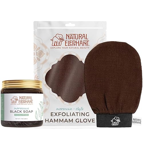 Natural Elephant Jabón negro marroquí de 200 g (7 oz) y combo de guante exfoliante para hammam (marrón chocolate)