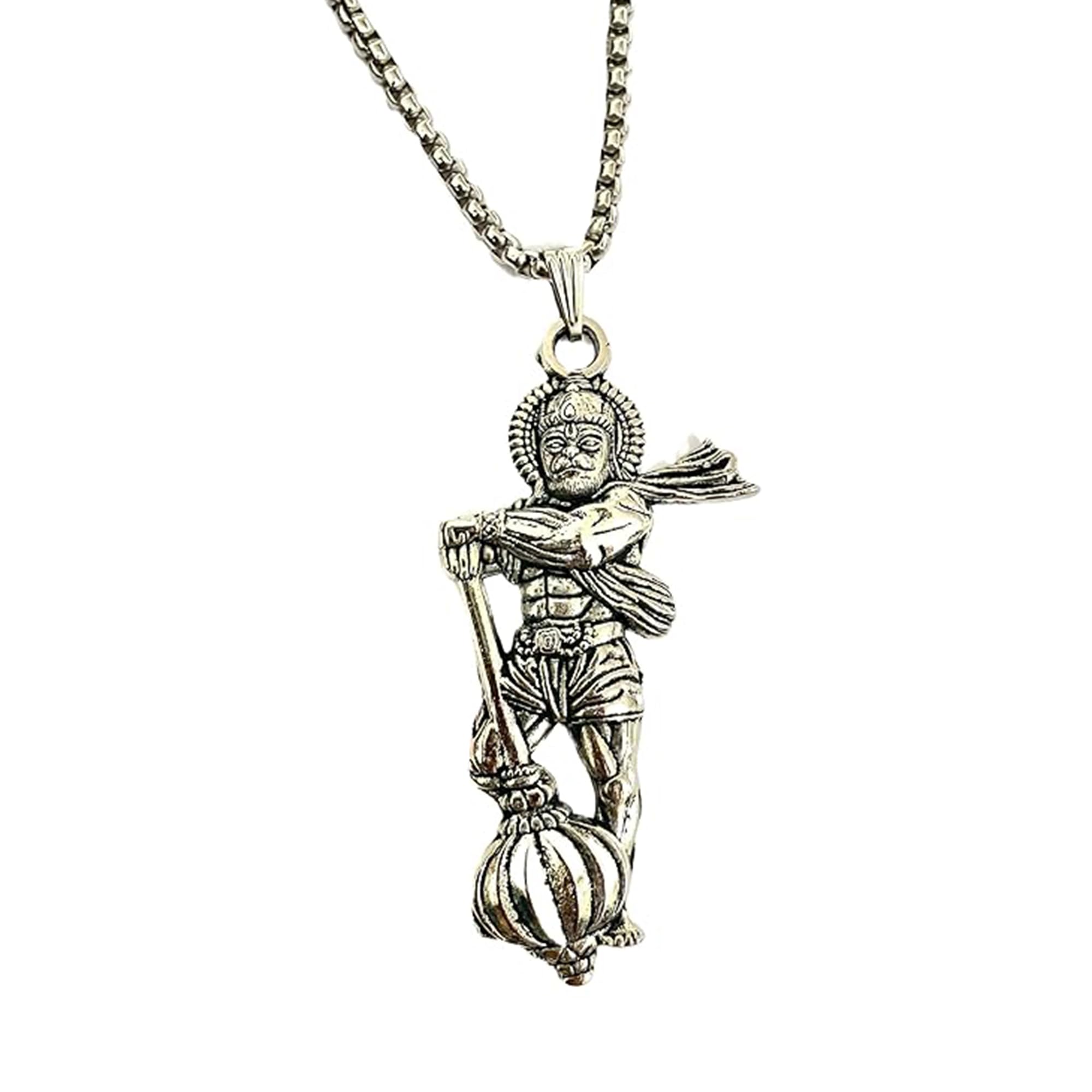 Lord Hanuman Ji Holding Divine Gada Locket Pendant for Men & Women: Oxidized Silver Plated Divine Pavanputra Hanuman Necklace with Chain for Unisex – OSAK043-IROX PENDANT-image-5