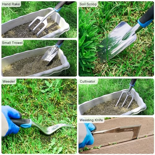 Garden Tool Set with Non Slip Rubber Grip,11 Piece Stainless Steel Gardening Tool Sets,Thickened Repotting Mat & Storage Tote Bag,Heavy Duty Outdoor Hand Tools Uprooting Weeding Tool, Ideal Gifts Blue - Image 7