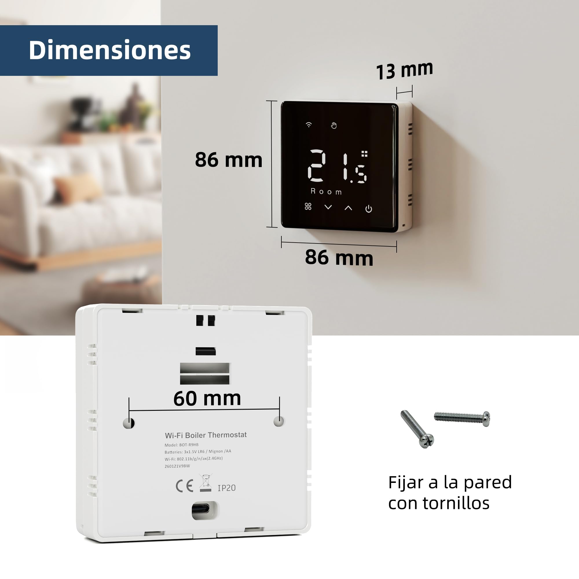 Termostato Wi-Fi Alimentado por Pilas, Modelo para Caldera, 230 V, Negro