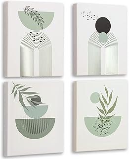 Sage Green Wall Decor,Minimalist Boho wall art, Geometric with Green Leaves, Framed Canvas Wall Art,Bohemian Wall Decor for Living Room Bedroom Bathroom Office Aesthetic Set of 4, 8x10in (Framed)