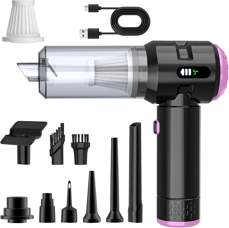 Aspirador de mano para auto, 25000 PA, succión ciclónica fuerte, aspirador de auto, portátil, inalámbrico, con pantalla digital, mini aspirador para auto, hogar, oficina, cocina (púrpura)