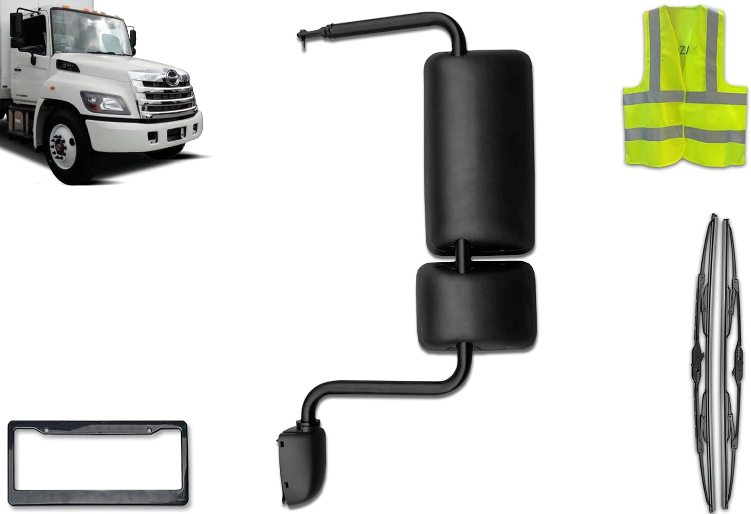 Kozak Door Mirror Assembly Black Left Driver Side Compatible with Hino 238 258 268 338 2008-2021 Includes Logo, License Plate Frame, 2x 22" Windshield Wipers, and Reflective Vest