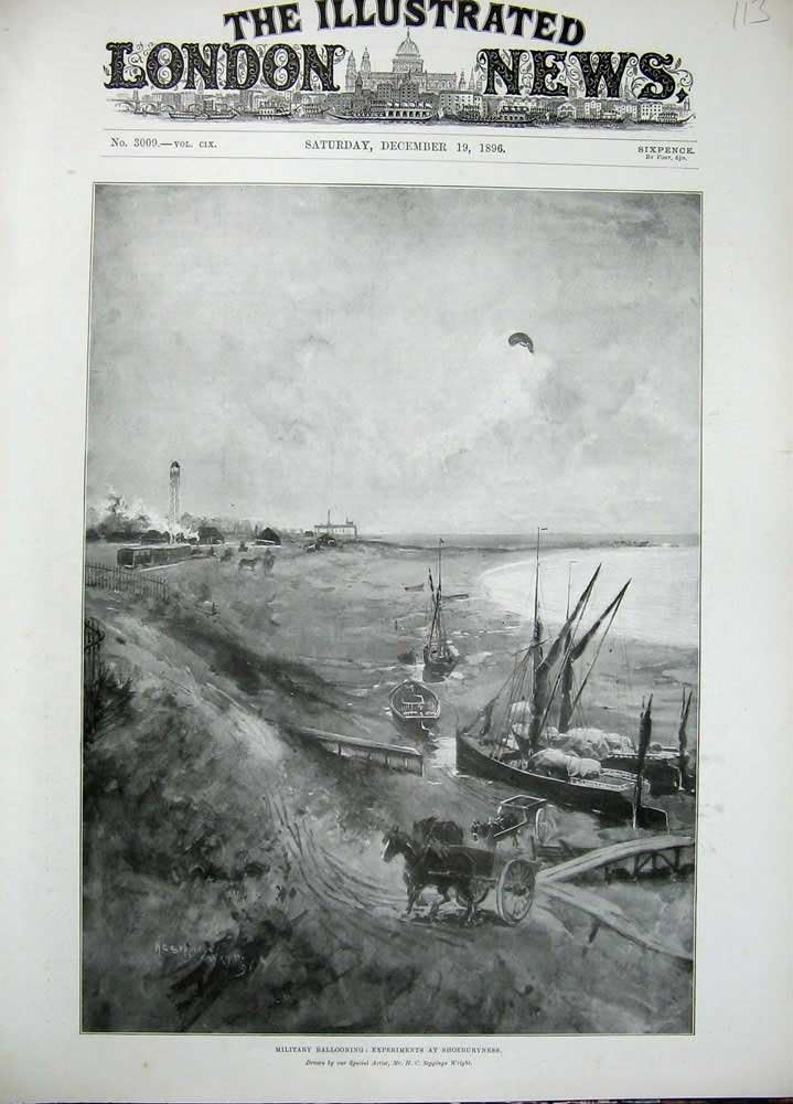 oldprint Print 1896 Shoeburyness Experiments Military Ballooning Ships 113N172